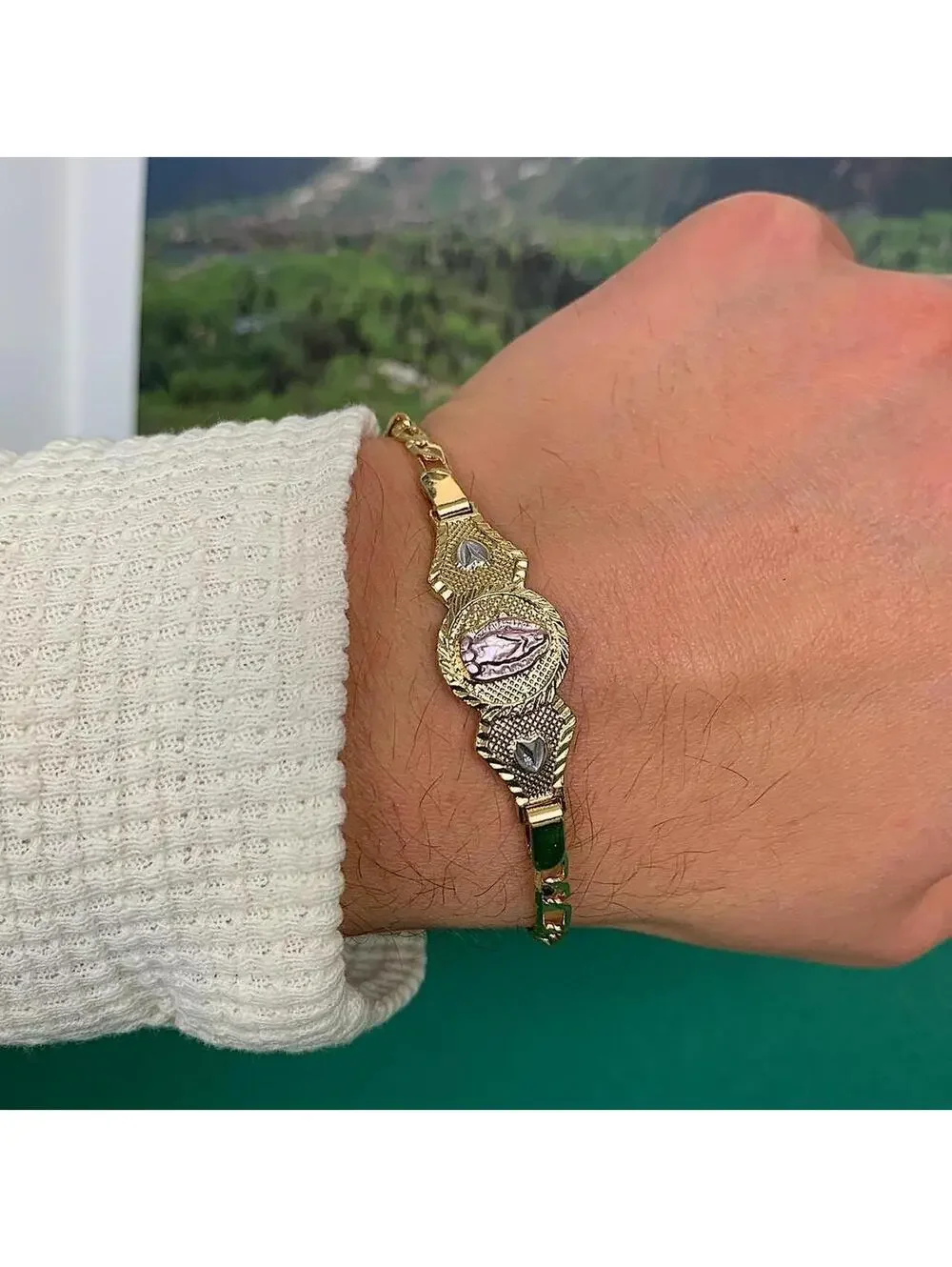 Vintage Y2k Style Gold Saint Marry Heart Pink Cuban Link Figaro Bracelet. 8 inch